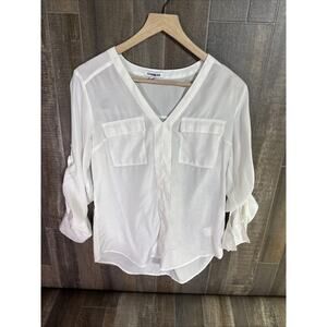 Express Women's‎ Blouse White Long Sleeve Sheer V-neck Pockets Size M